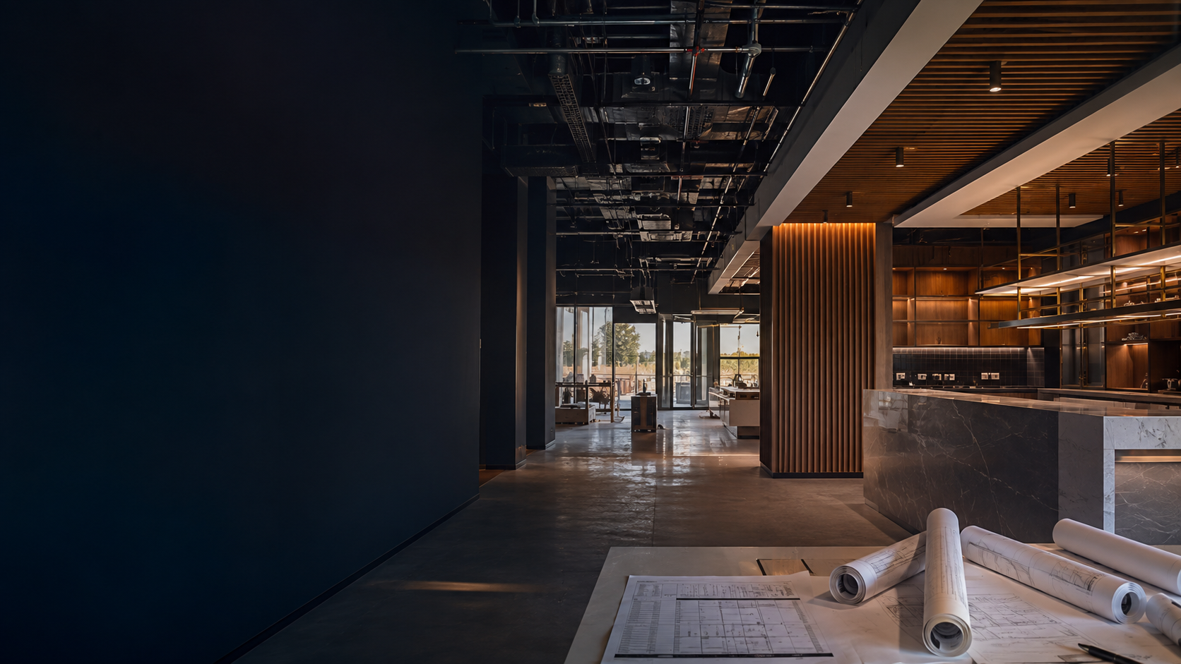 Commercial tenant improvement project with exposed MEP systems and architectural drawings